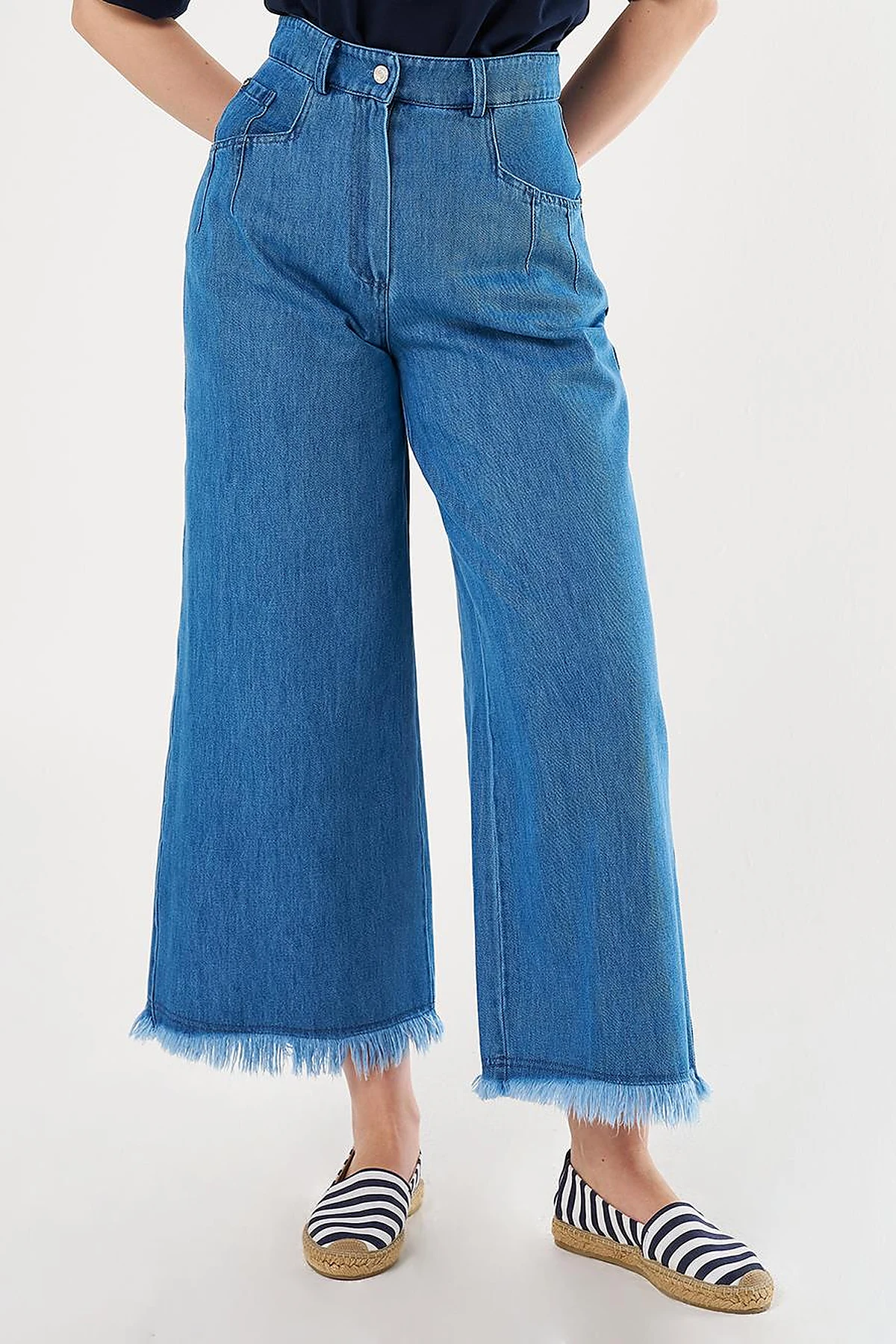 Distressed High-Waist Denim Pants Indigo