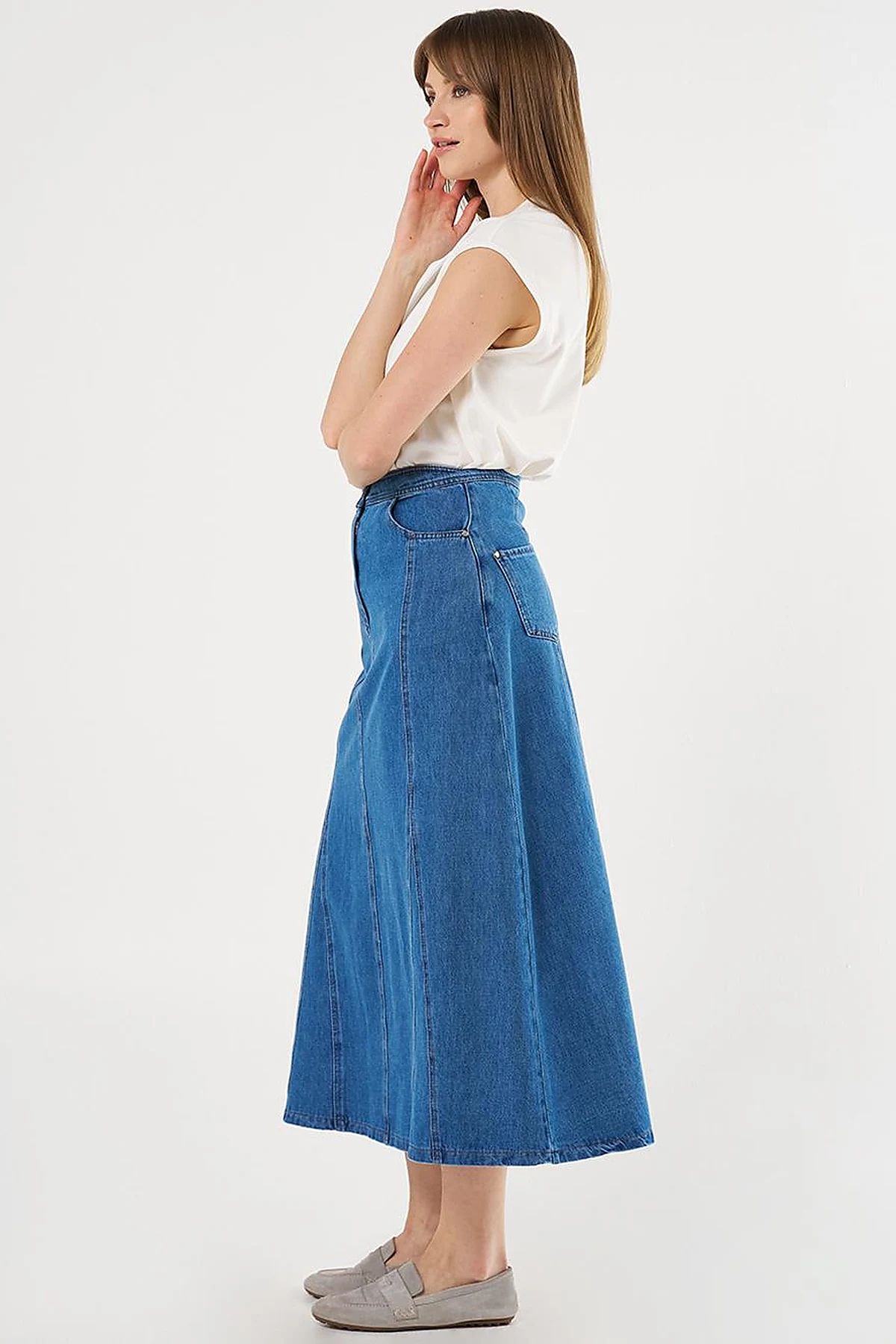 Parçalı Denim Etek İndigo