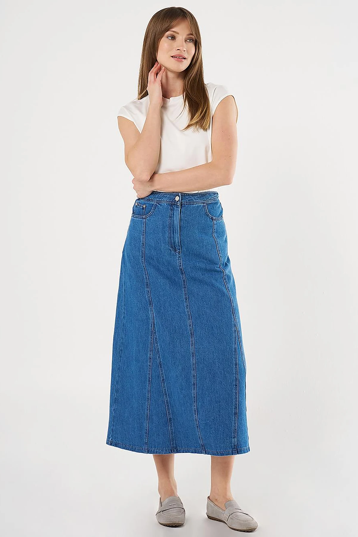 Parçalı Denim Etek İndigo