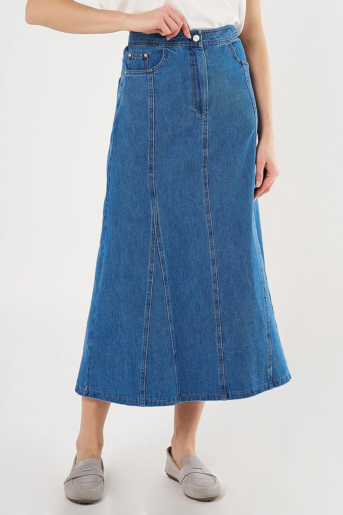 Parçalı Denim Etek İndigo