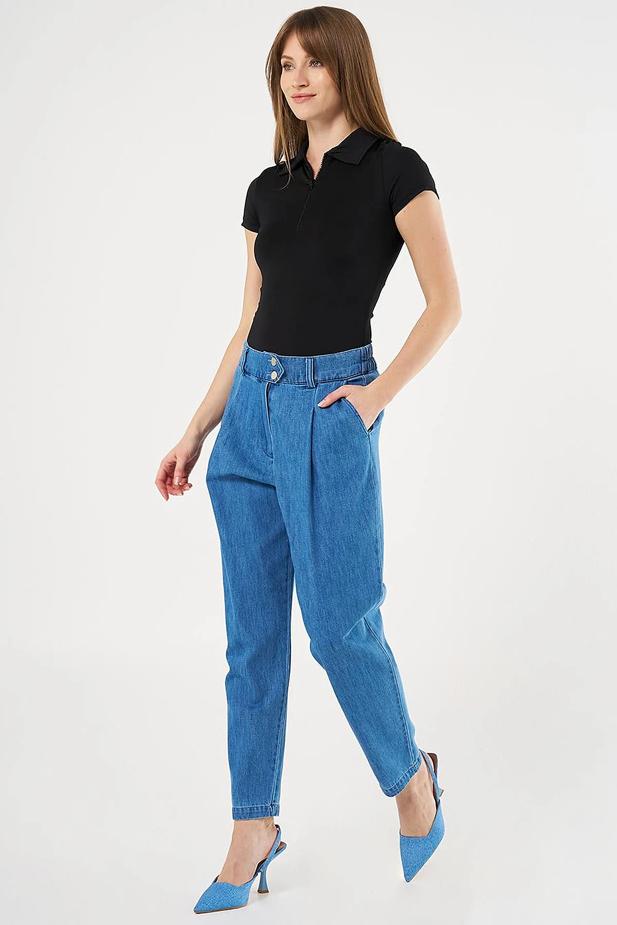 Pileli Havuç Kesim Denim Pantolon İndigo