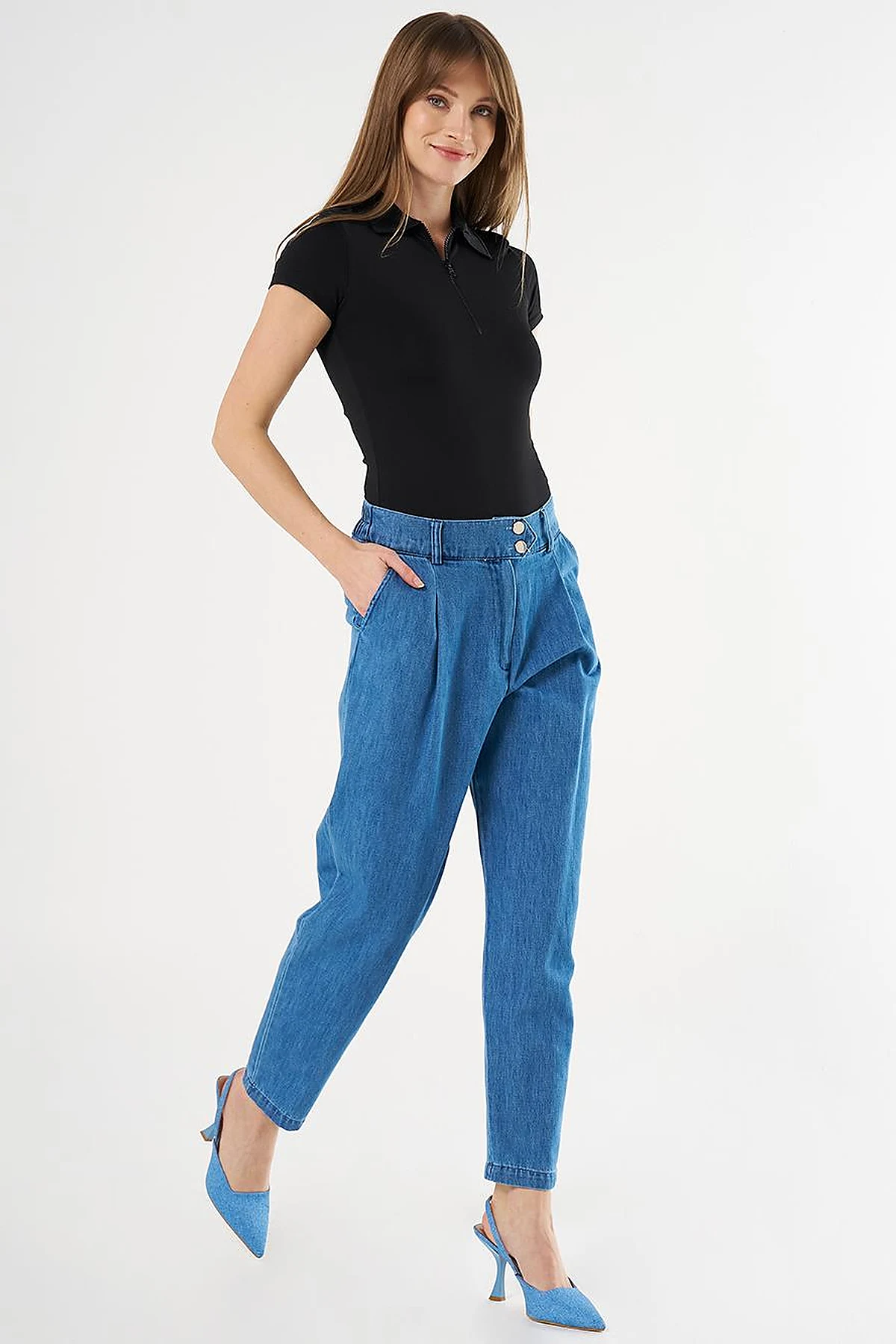 Pileli Havuç Kesim Denim Pantolon İndigo