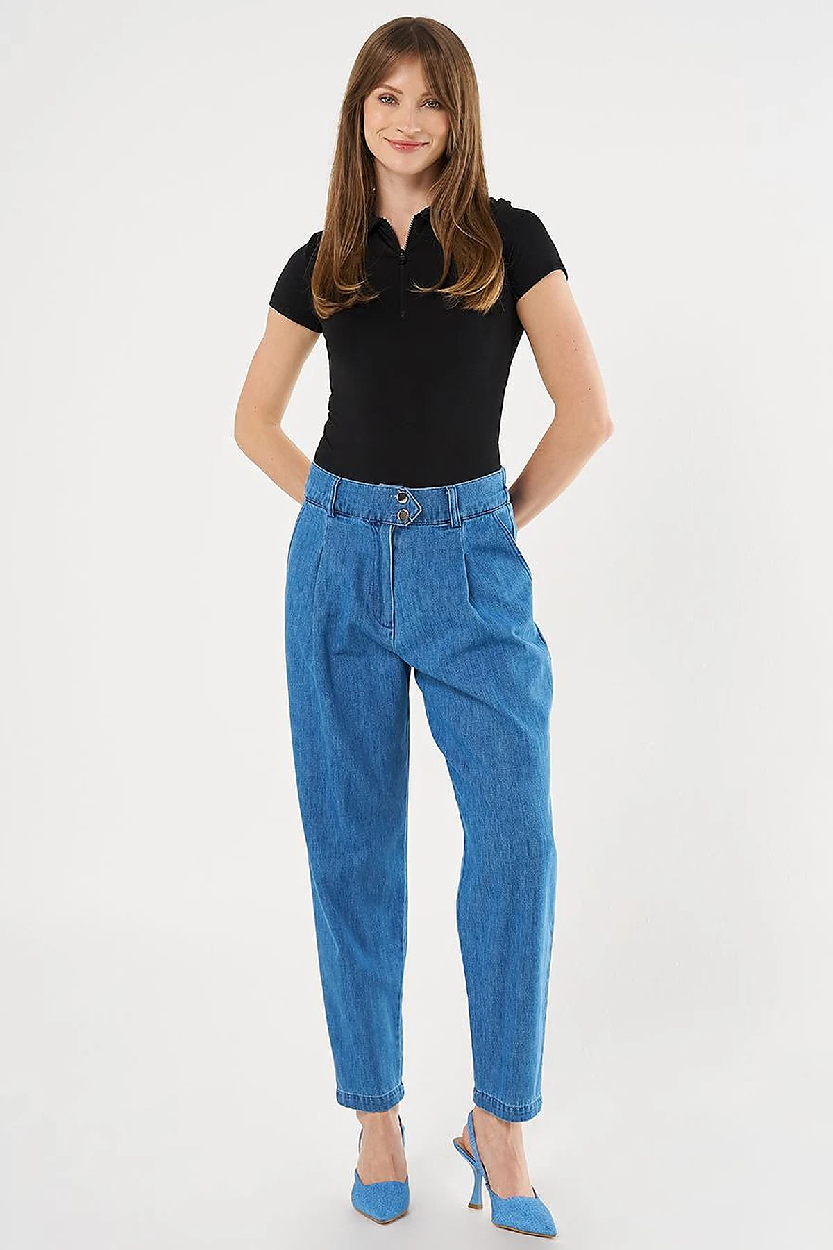 Pileli Havuç Kesim Denim Pantolon İndigo