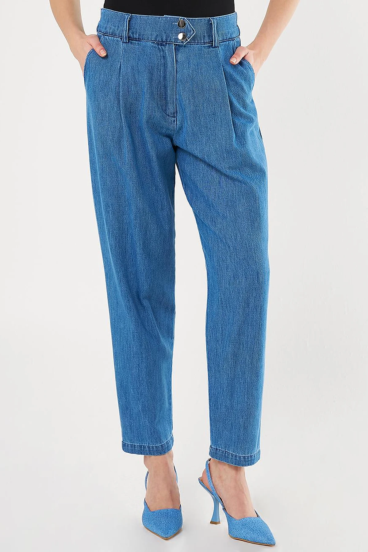 Pileli Havuç Kesim Denim Pantolon İndigo