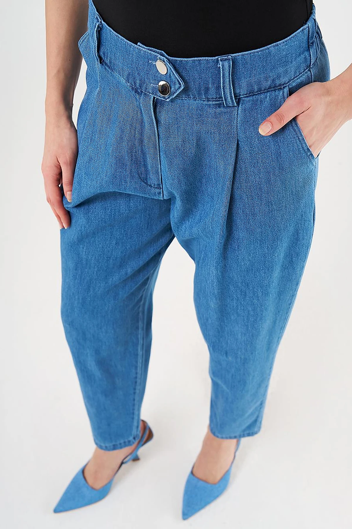 Pileli Havuç Kesim Denim Pantolon İndigo