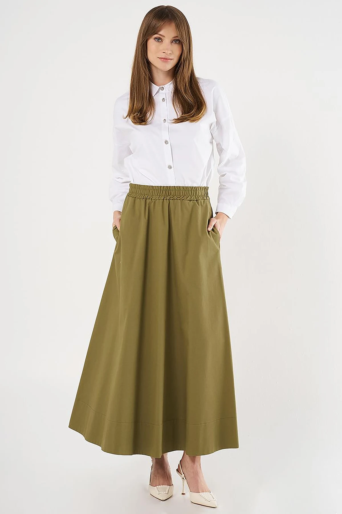 Pocket Detail Flared Skirt Khaki