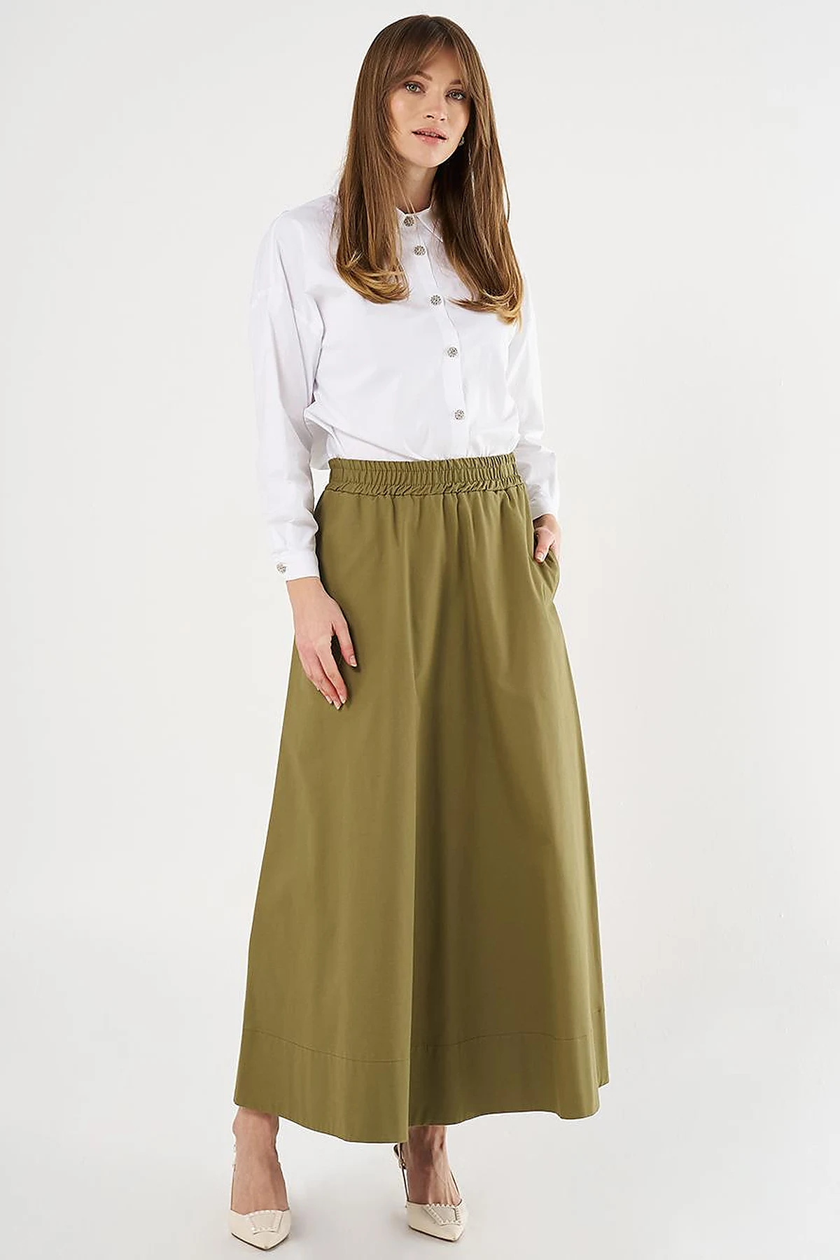 Pocket Detail Flared Skirt Khaki