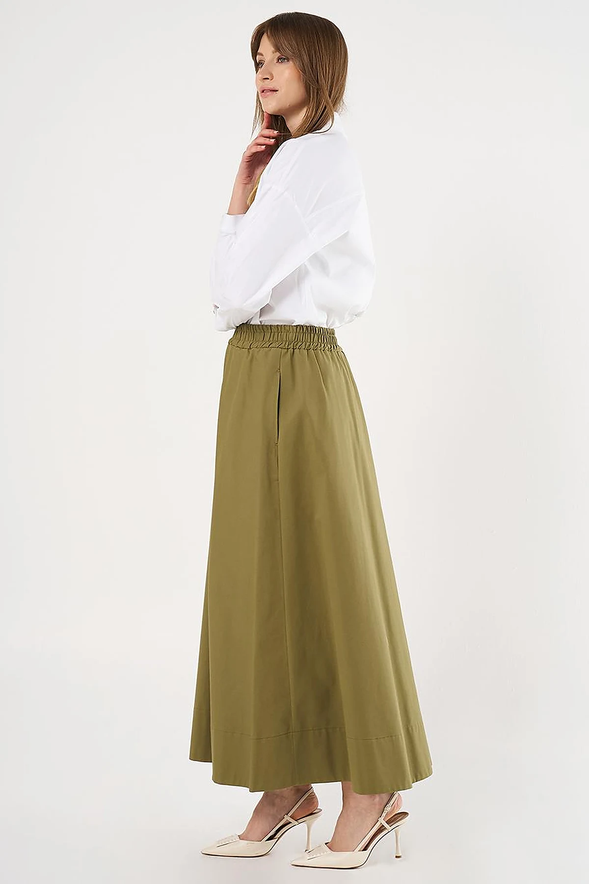 Pocket Detail Flared Skirt Khaki