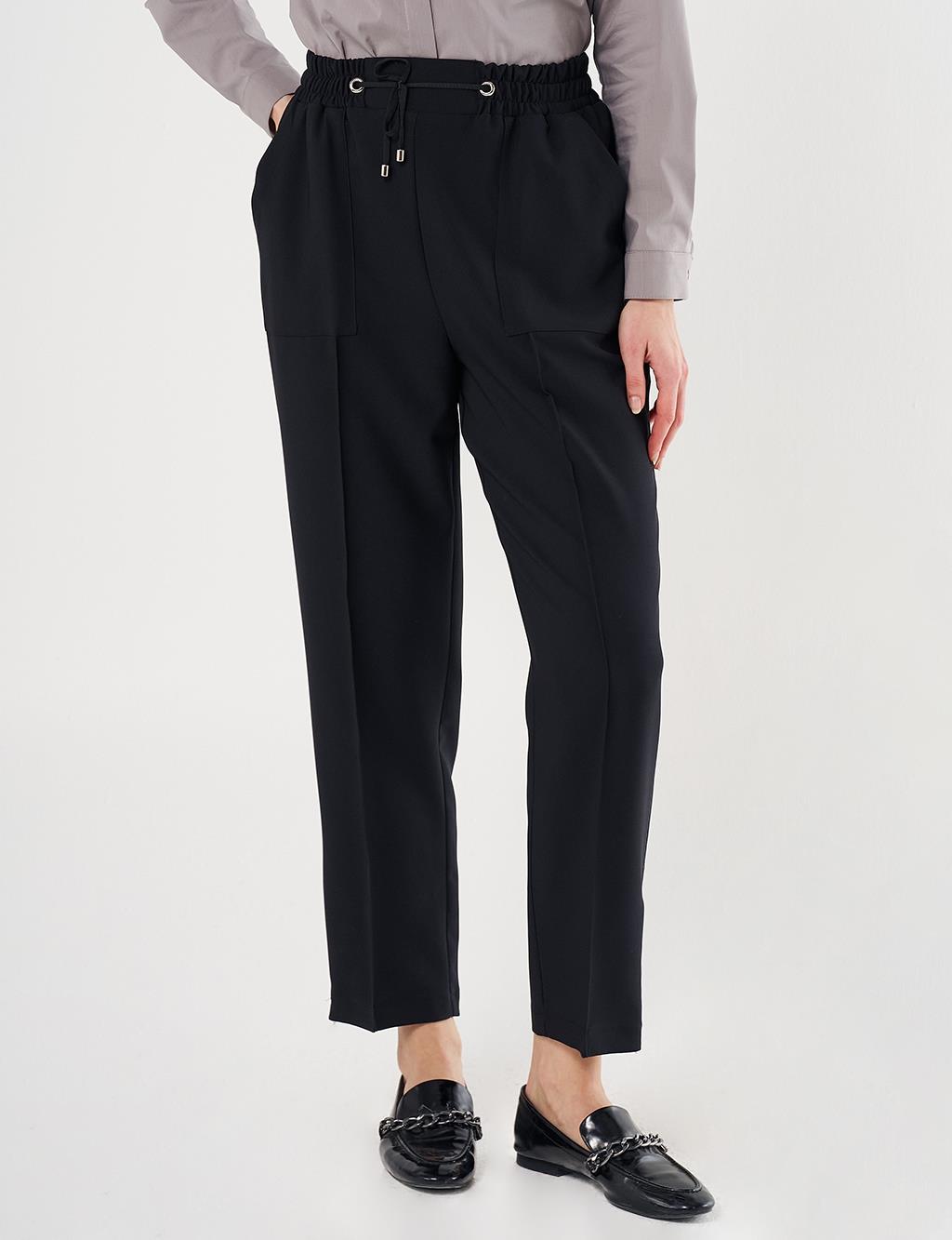 Wide Pocket Topstitched Pants in Black