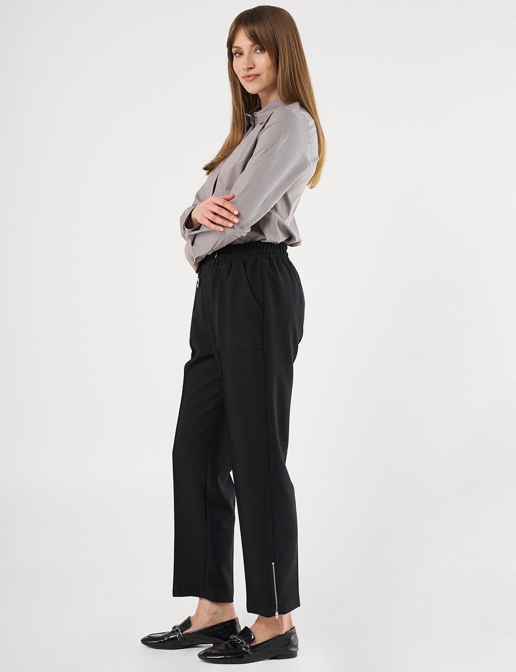 Wide Pocket Topstitched Pants in Black
