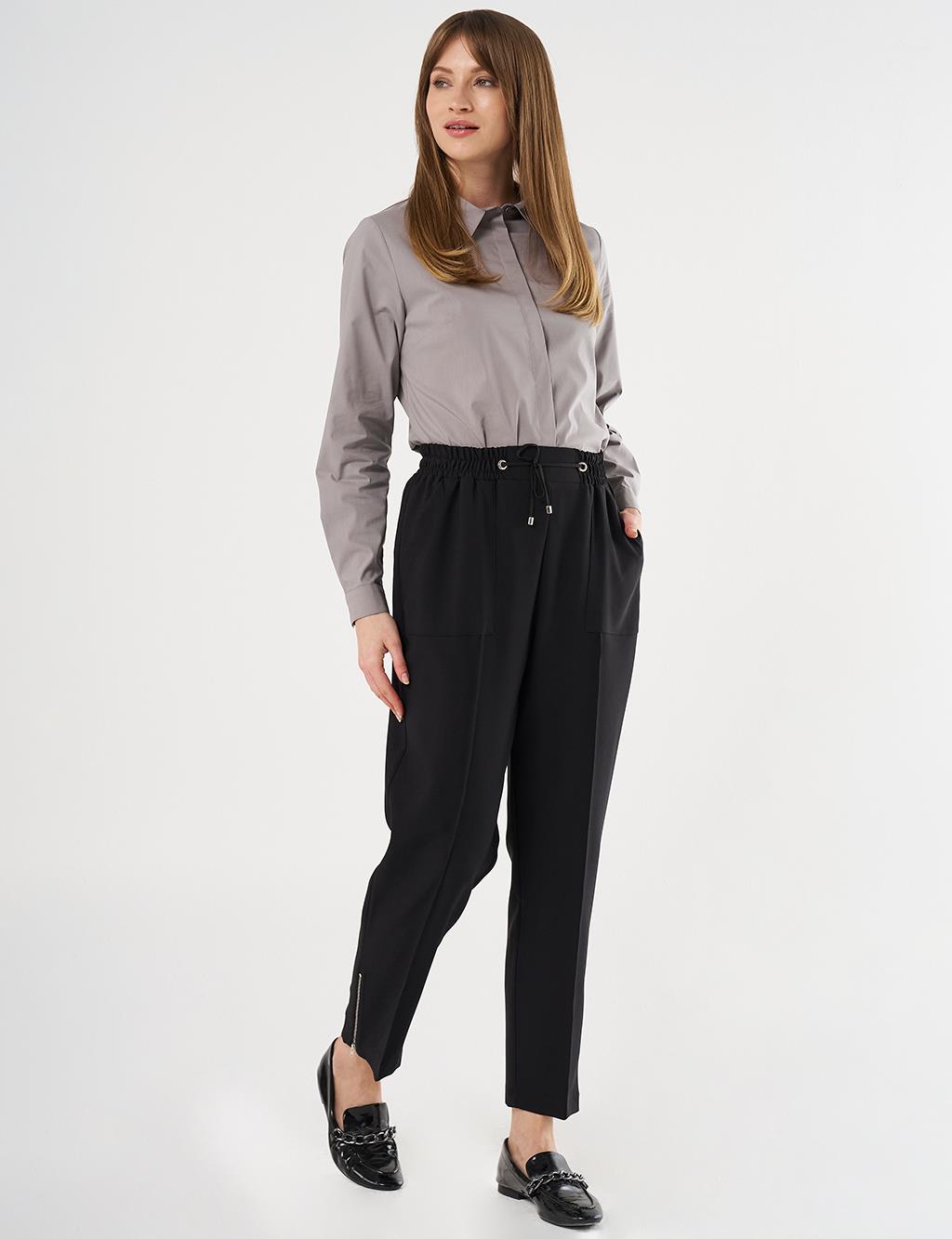 Wide Pocket Topstitched Pants in Black