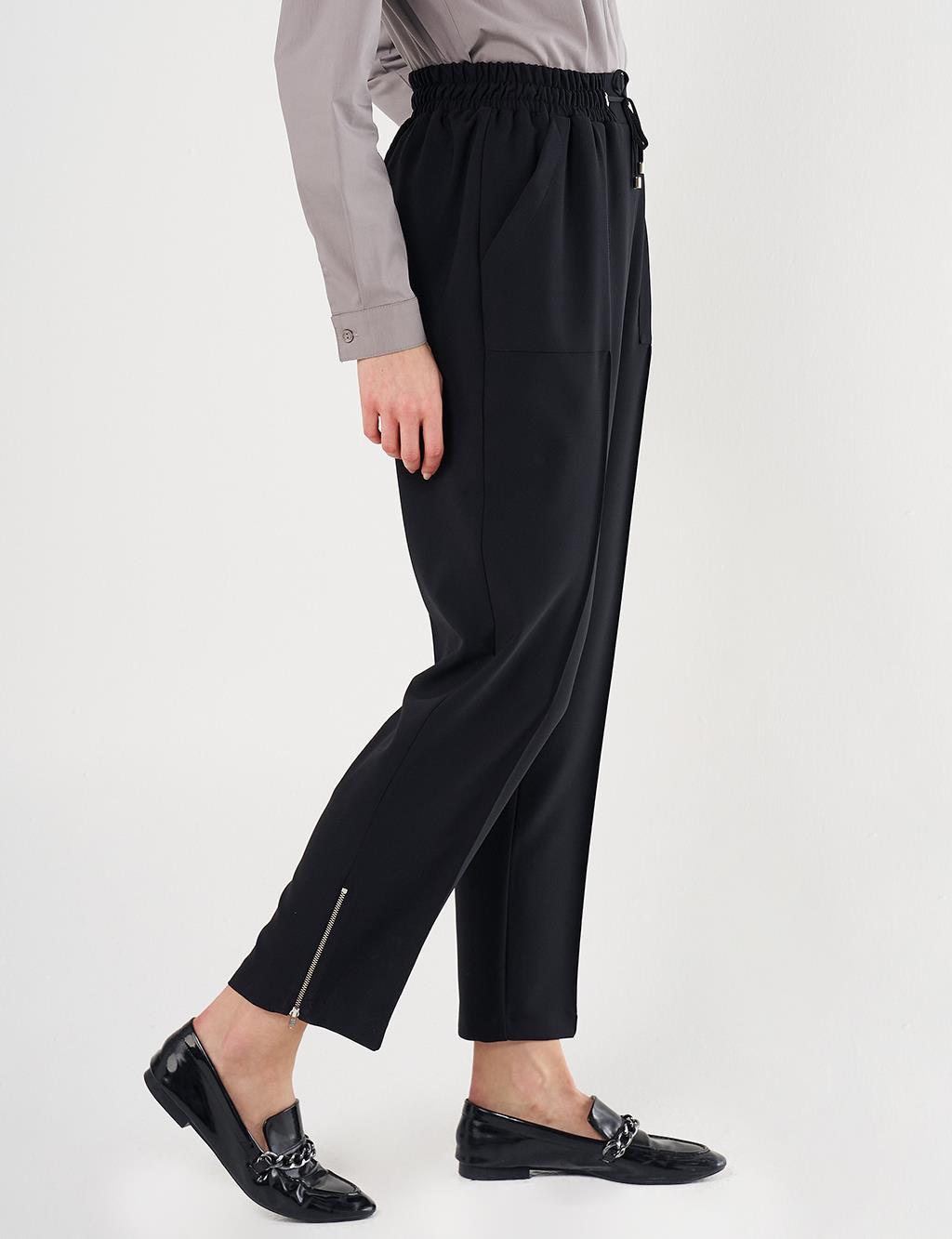 Wide Pocket Topstitched Pants in Black