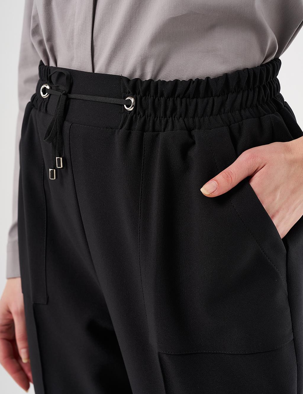 Wide Pocket Topstitched Pants in Black