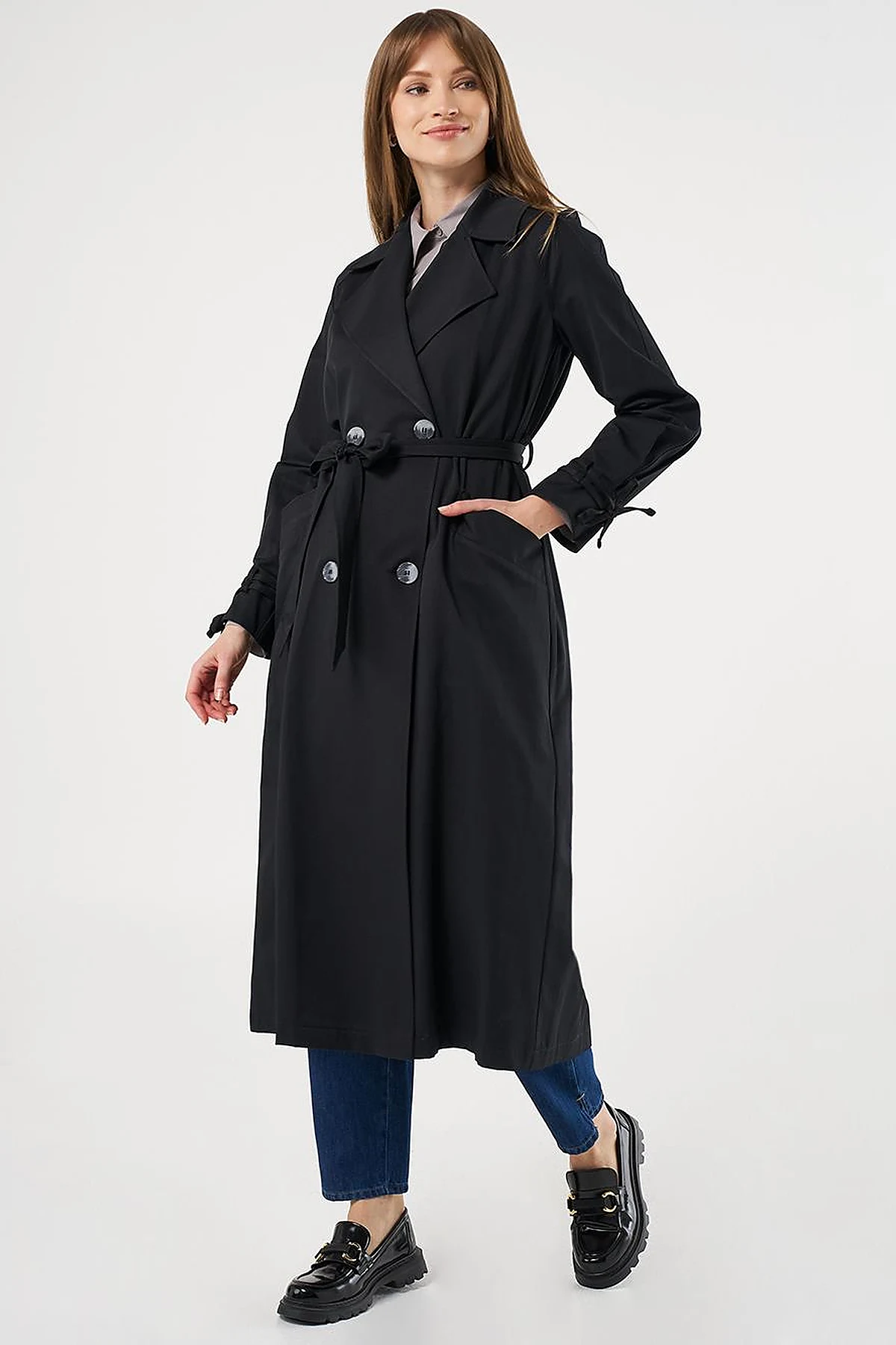 Buttoned Double-Breasted Trench Coat Black
