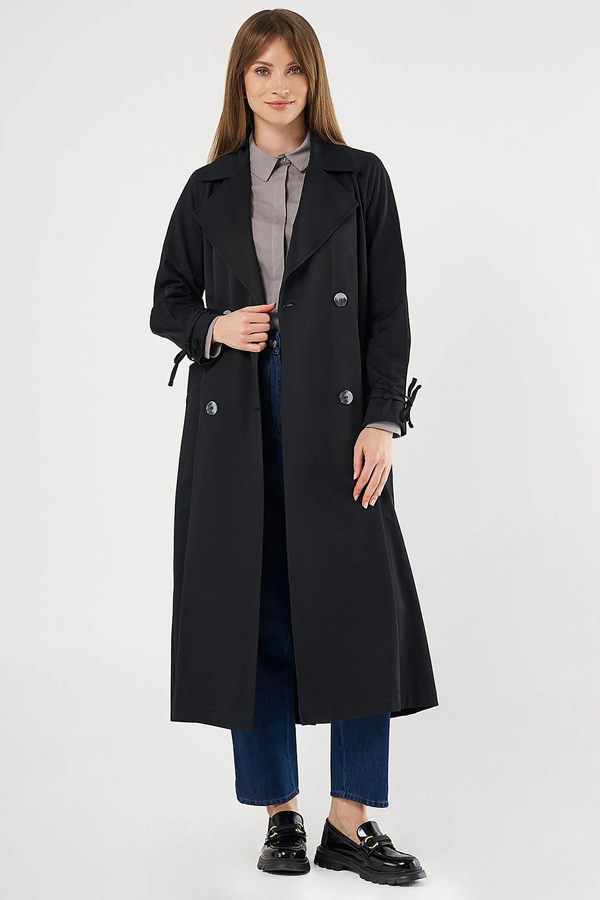Buttoned Double-Breasted Trench Coat Black
