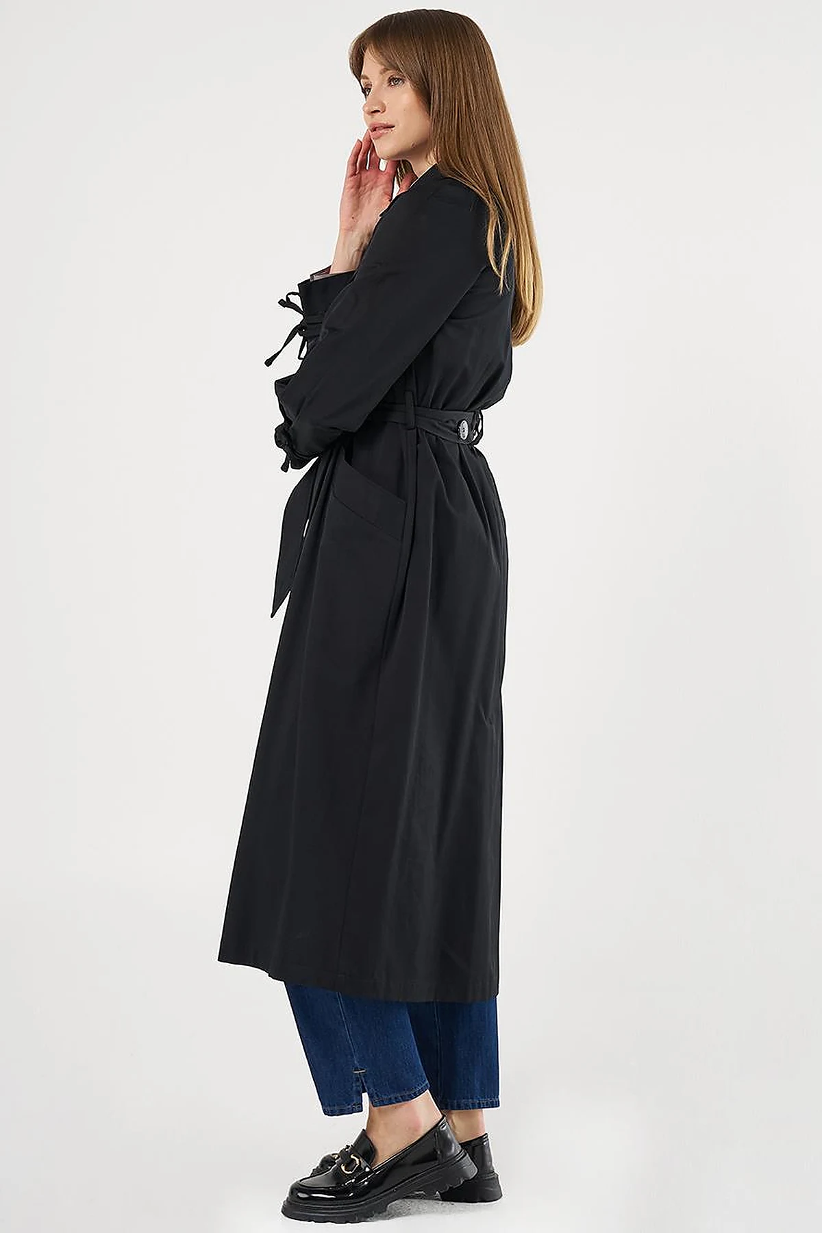 Buttoned Double-Breasted Trench Coat Black