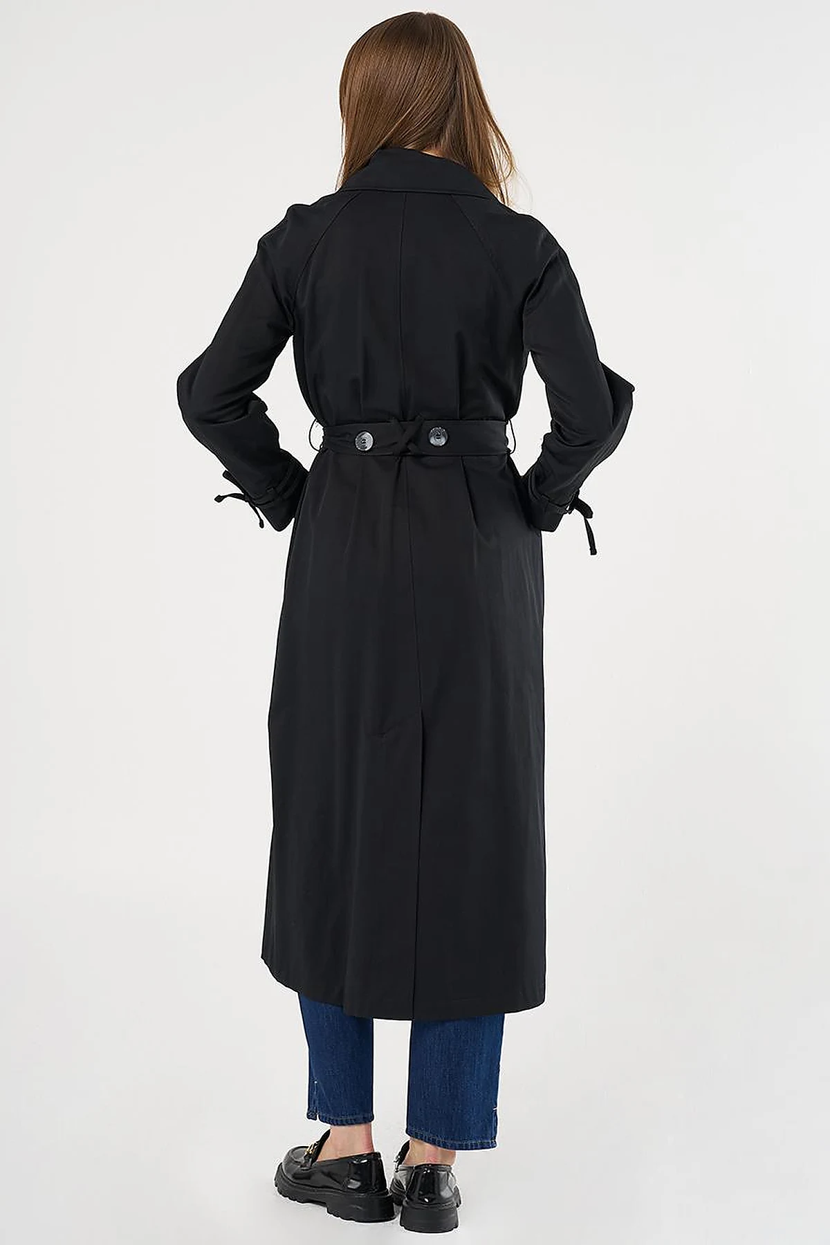 Buttoned Double-Breasted Trench Coat Black