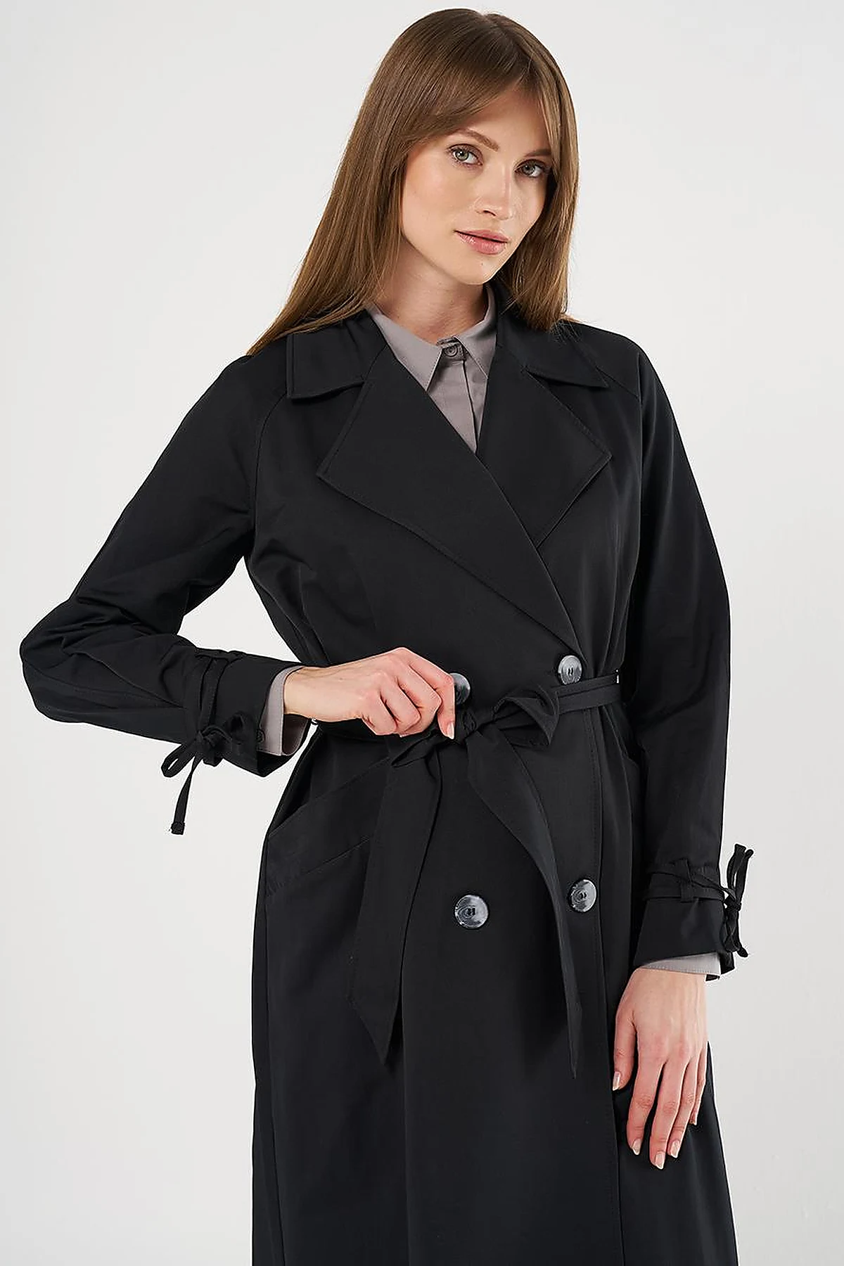 Buttoned Double-Breasted Trench Coat Black