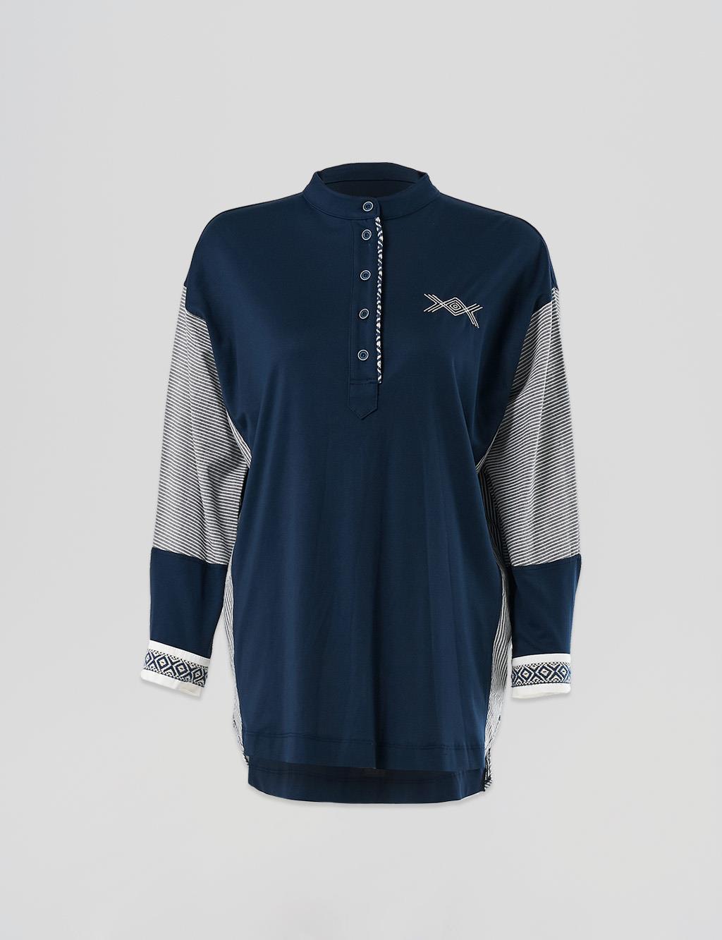 Fabric Mixed Embroidered Tunic Dark Navy Blue