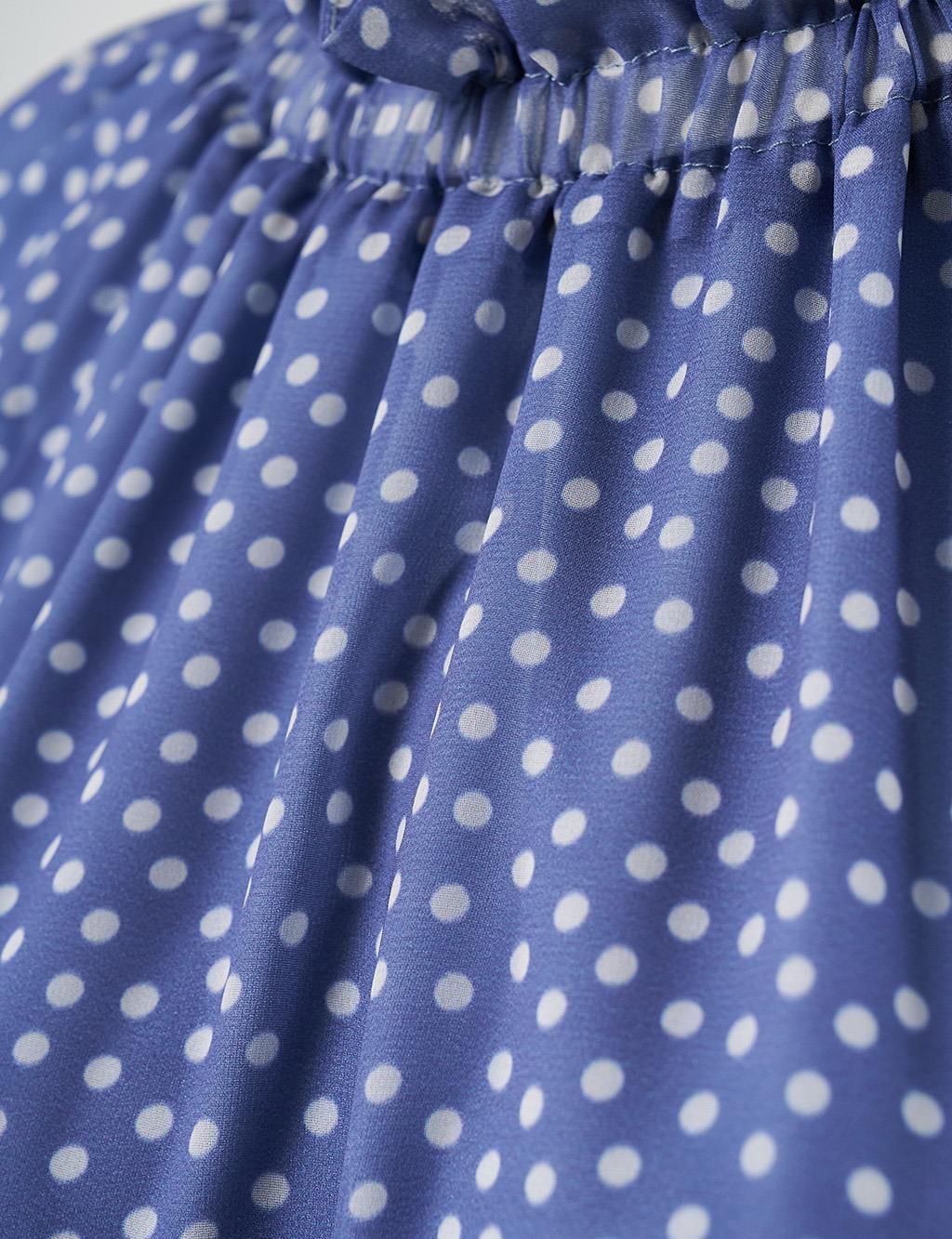 Polka Dot Chiffon Dress with Frilly Collar, Aviator Blue