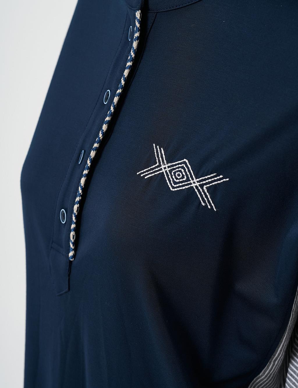Fabric Mixed Embroidered Tunic Dark Navy Blue
