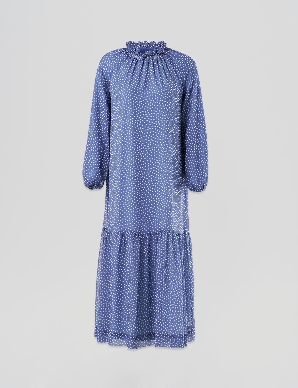 Polka Dot Chiffon Dress with Frilly Collar, Aviator Blue