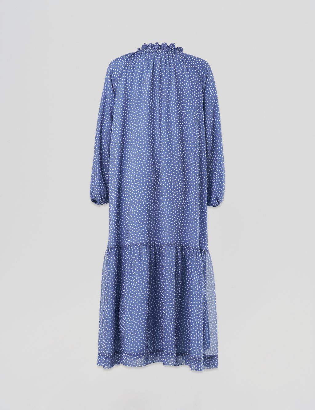 Polka Dot Chiffon Dress with Frilly Collar, Aviator Blue