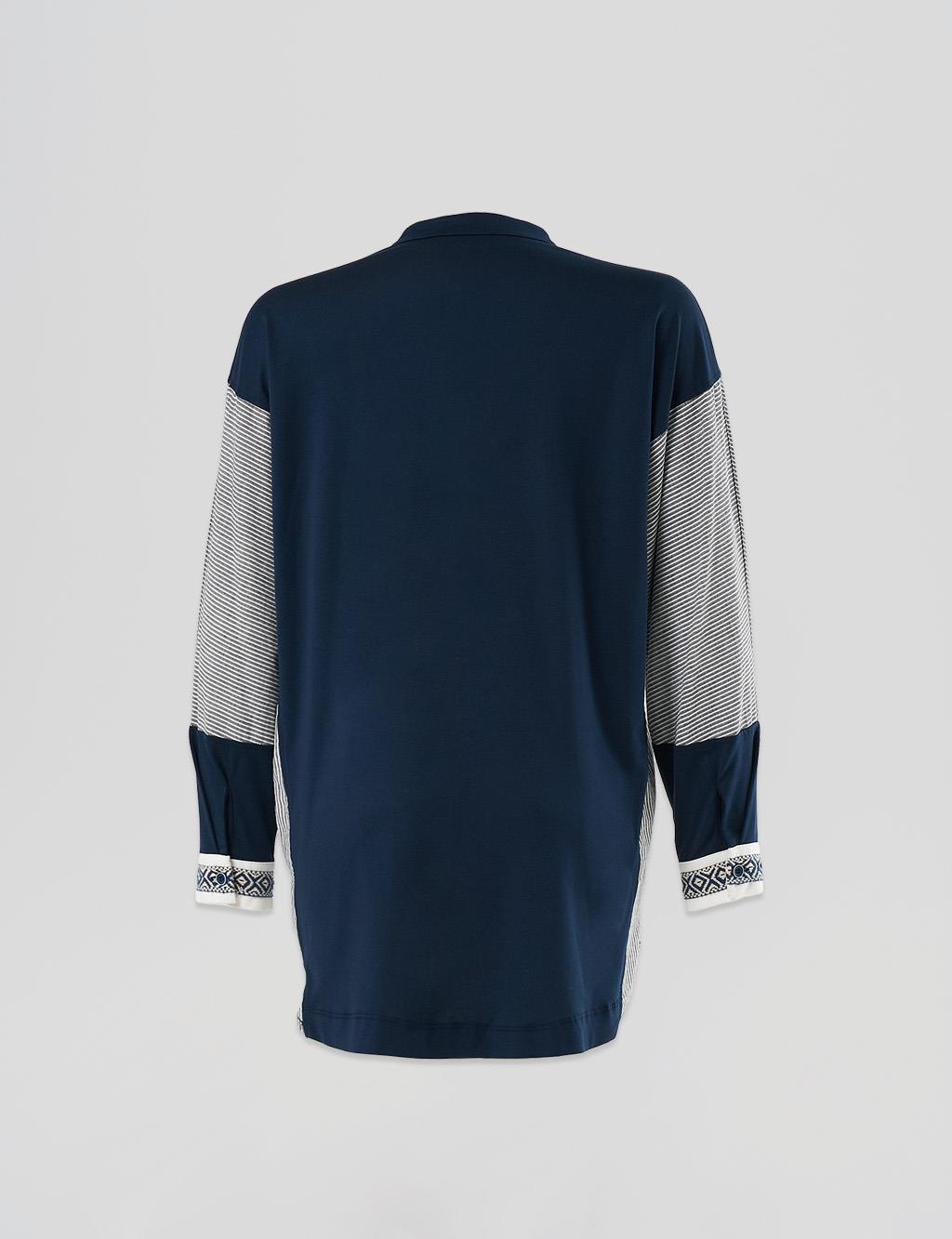 Fabric Mixed Embroidered Tunic Dark Navy Blue