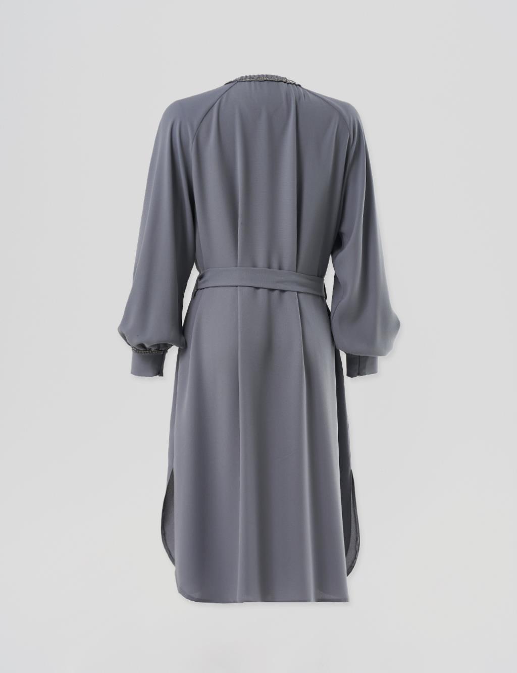 Stone-Embellished Round Neck Tunic Gray