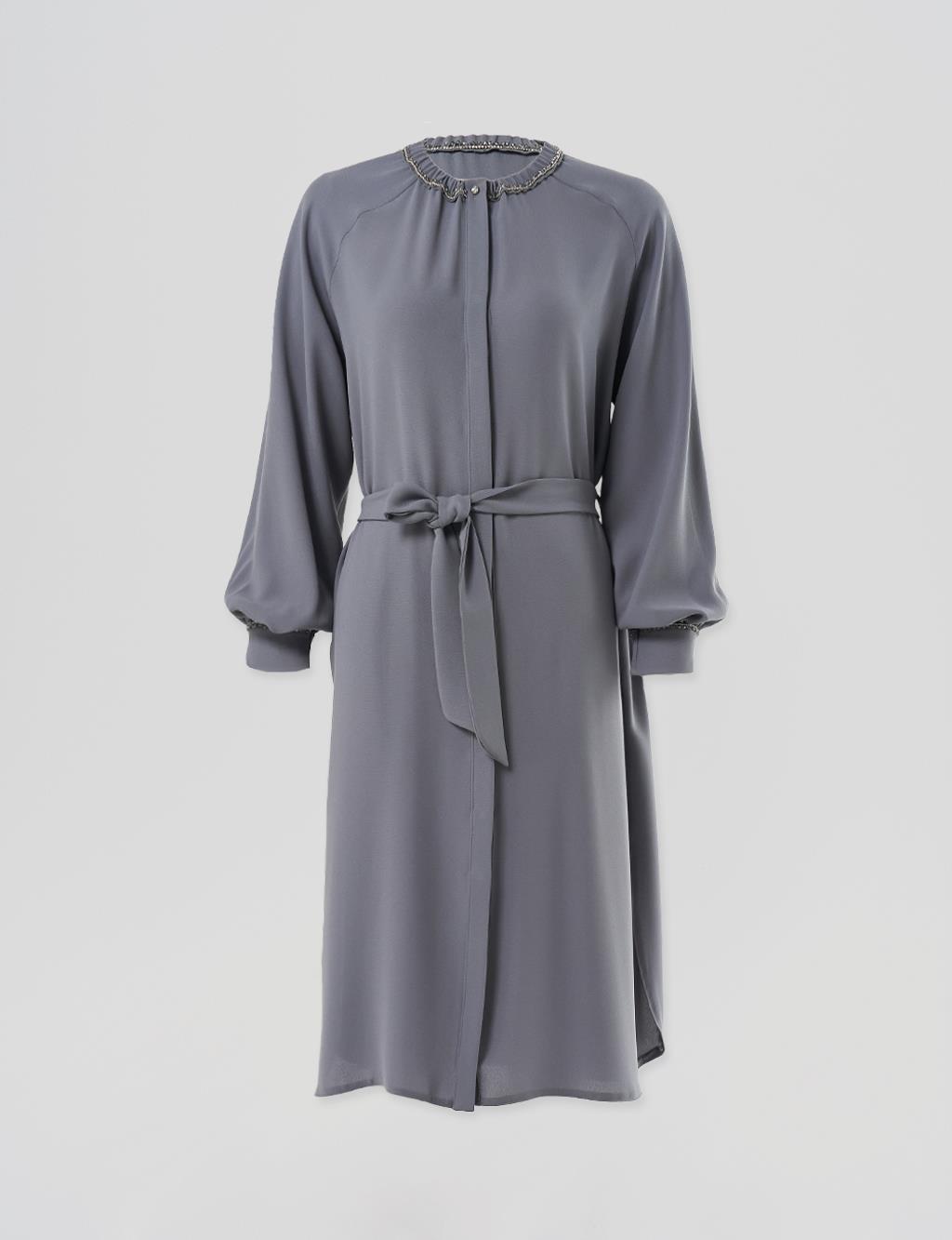 Stone-Embellished Round Neck Tunic Gray