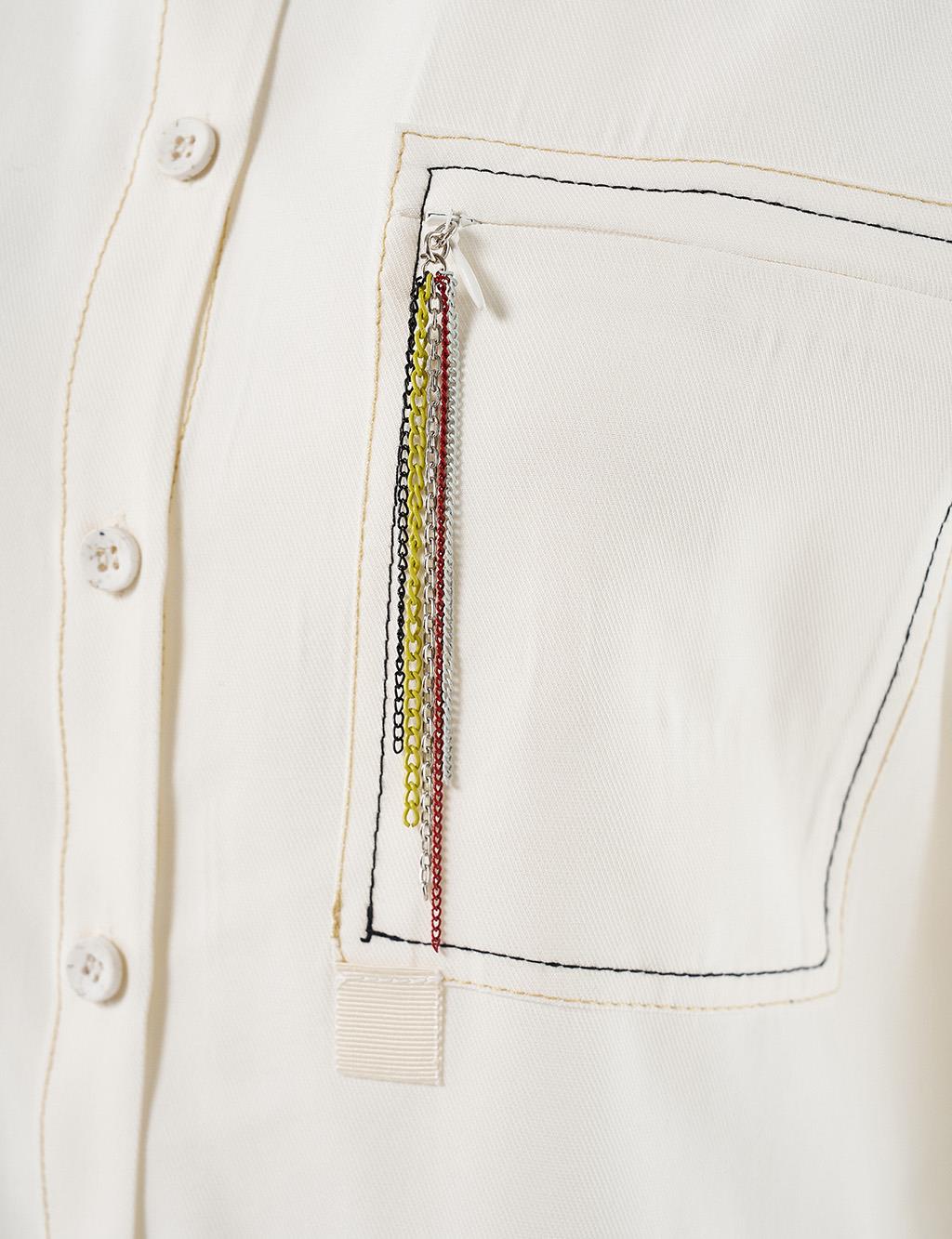 Punto-Stitched Chain-Embellished Tunic Ecru