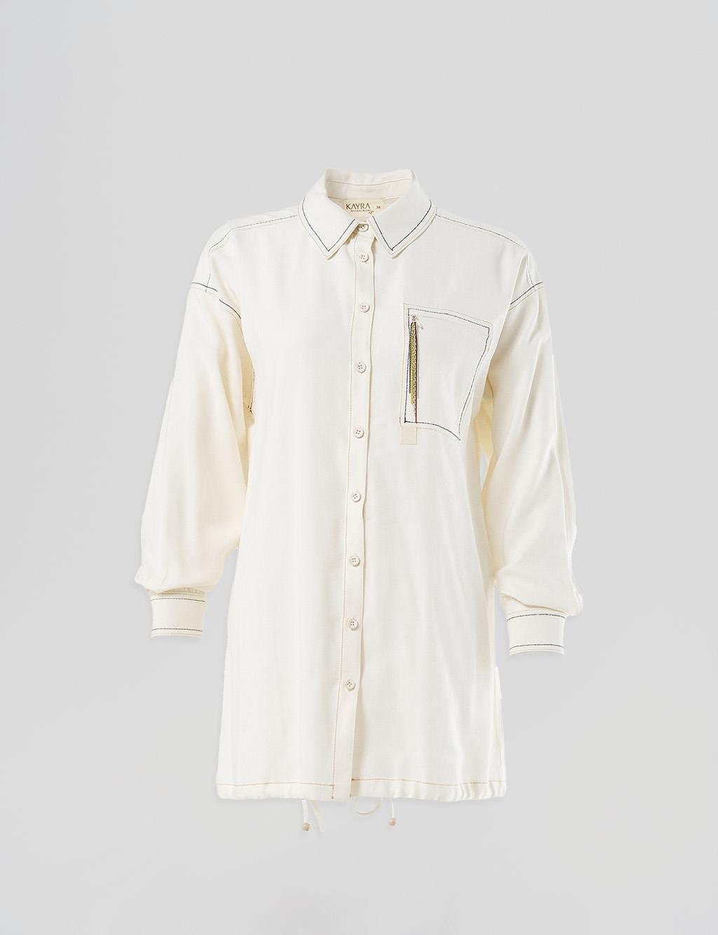 Punto-Stitched Chain-Embellished Tunic Ecru