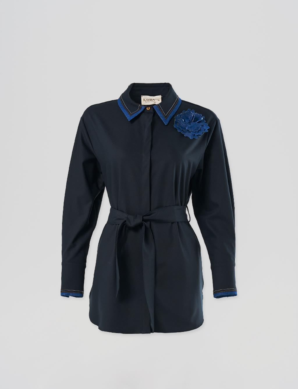 Belted Brooch Detail Tunic in Navy