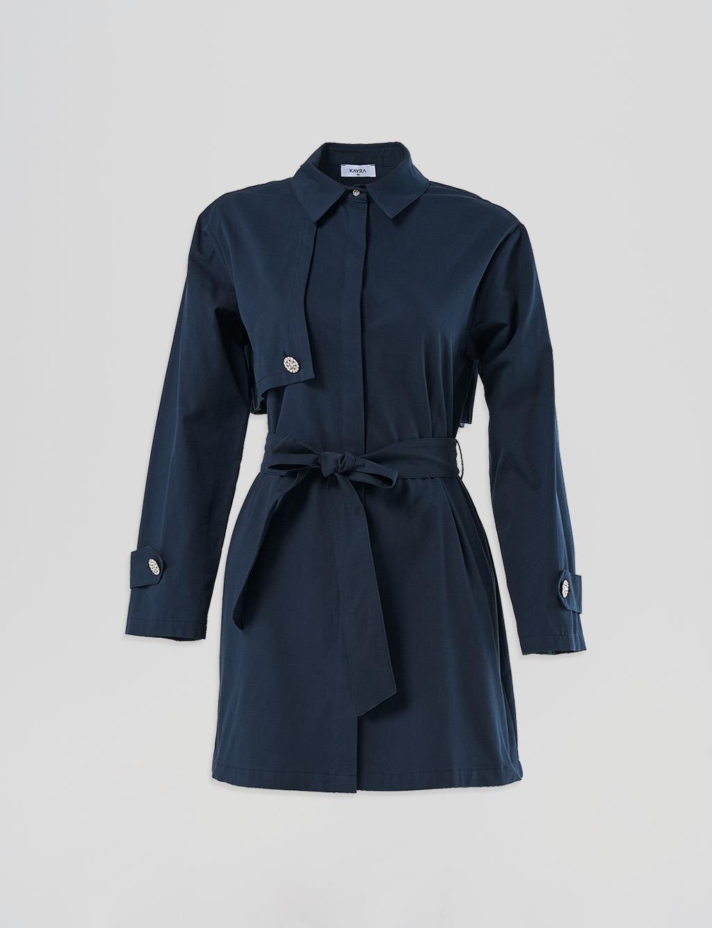 Shiny Button-Detail Cotton Tunic - Dark Navy Blue