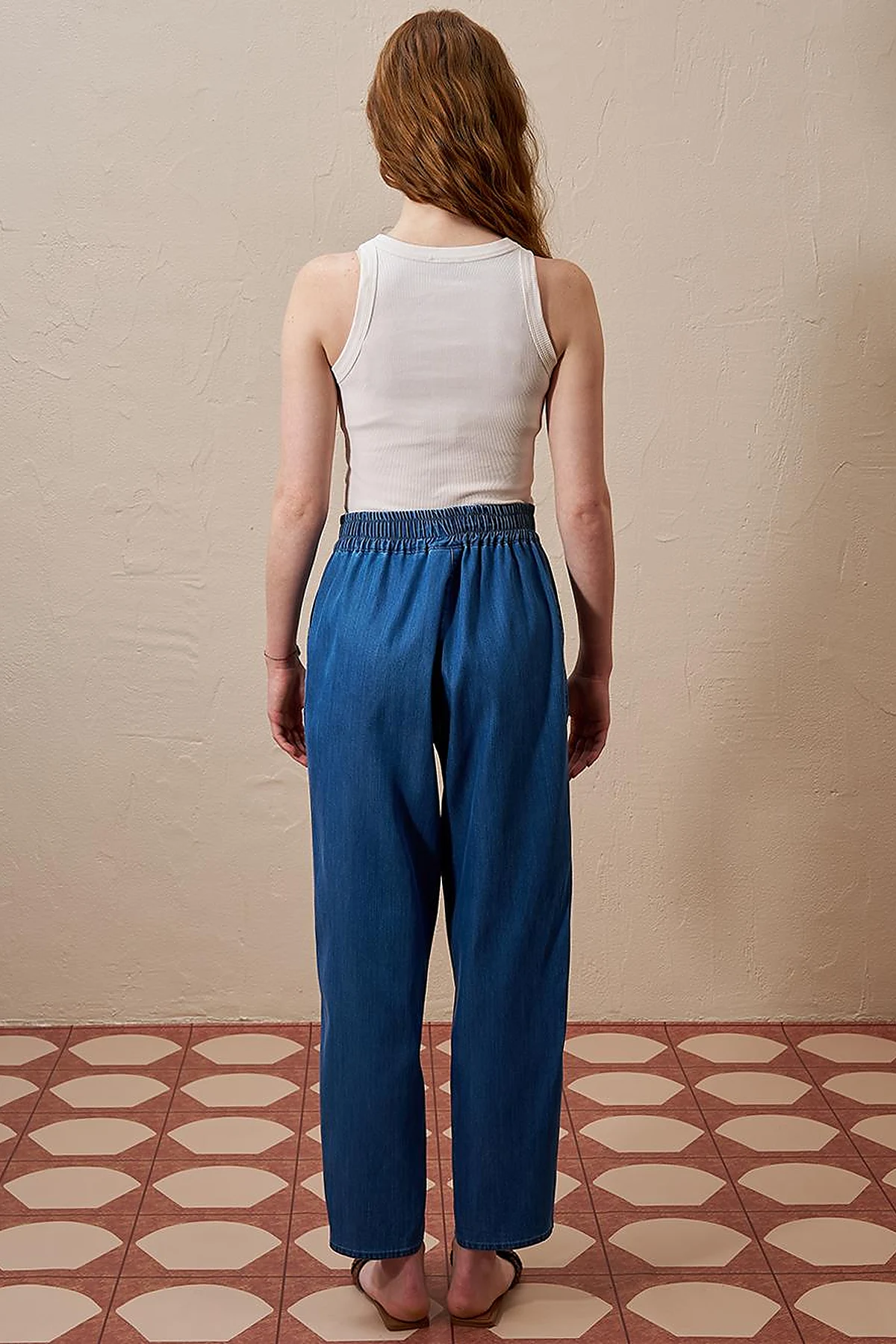 High-Waisted Elasticated Tapered Lyocell Pants Indigo