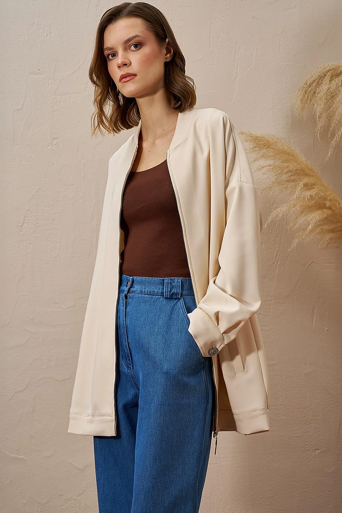 Beaded Detail College Collar Jacket Cream