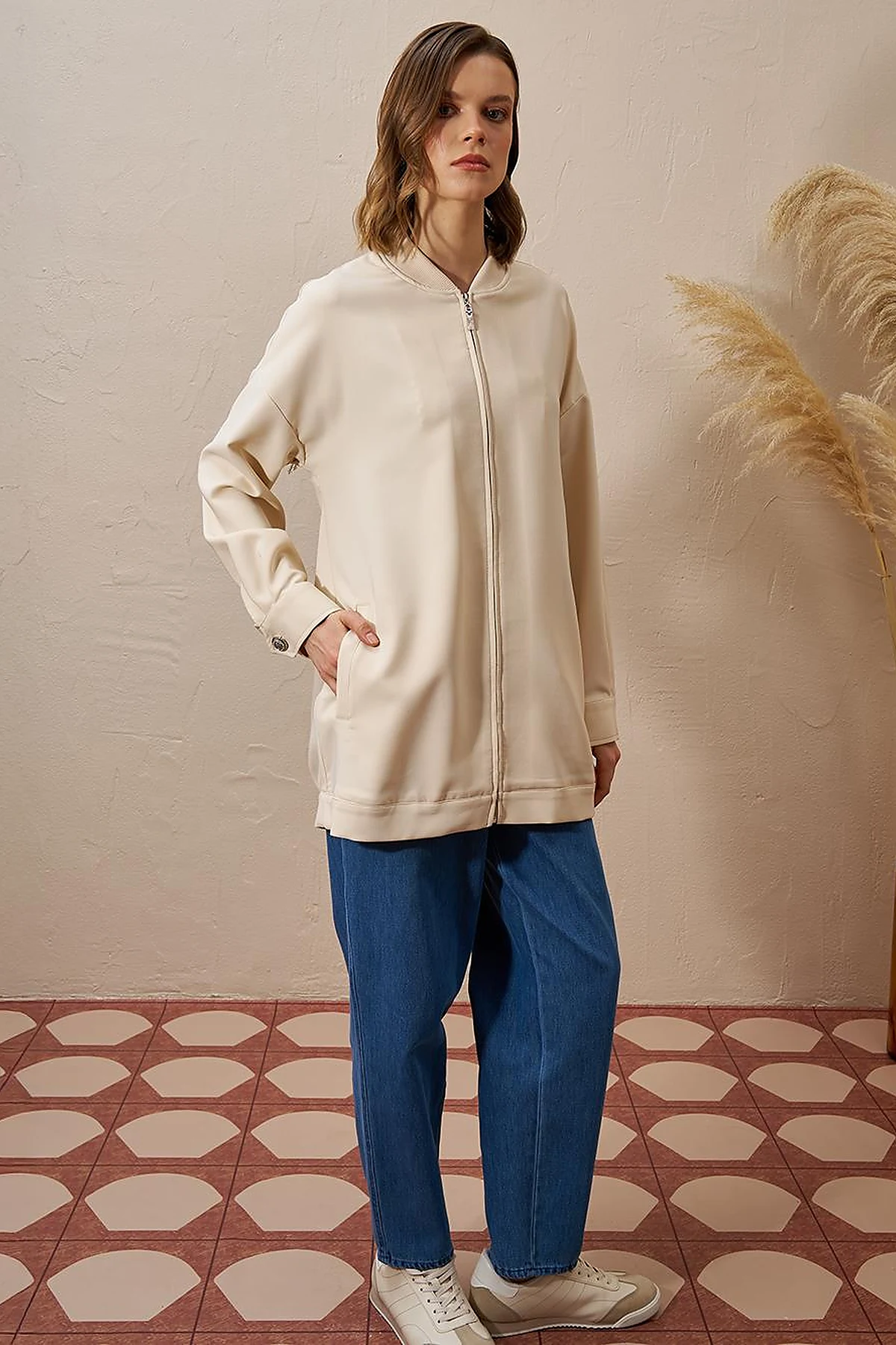 Beaded Detail College Collar Jacket Cream