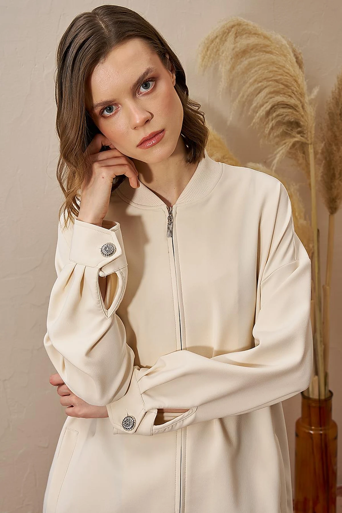 Beaded Detail College Collar Jacket Cream