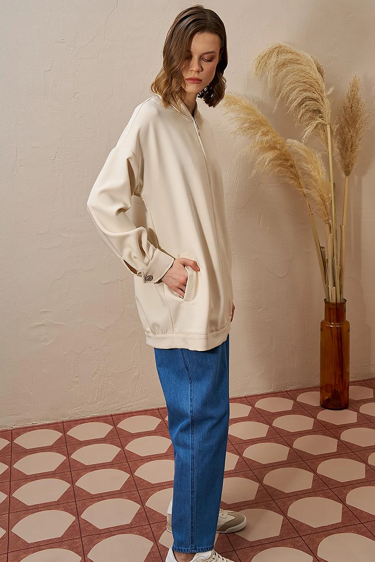 Beaded Detail College Collar Jacket Cream