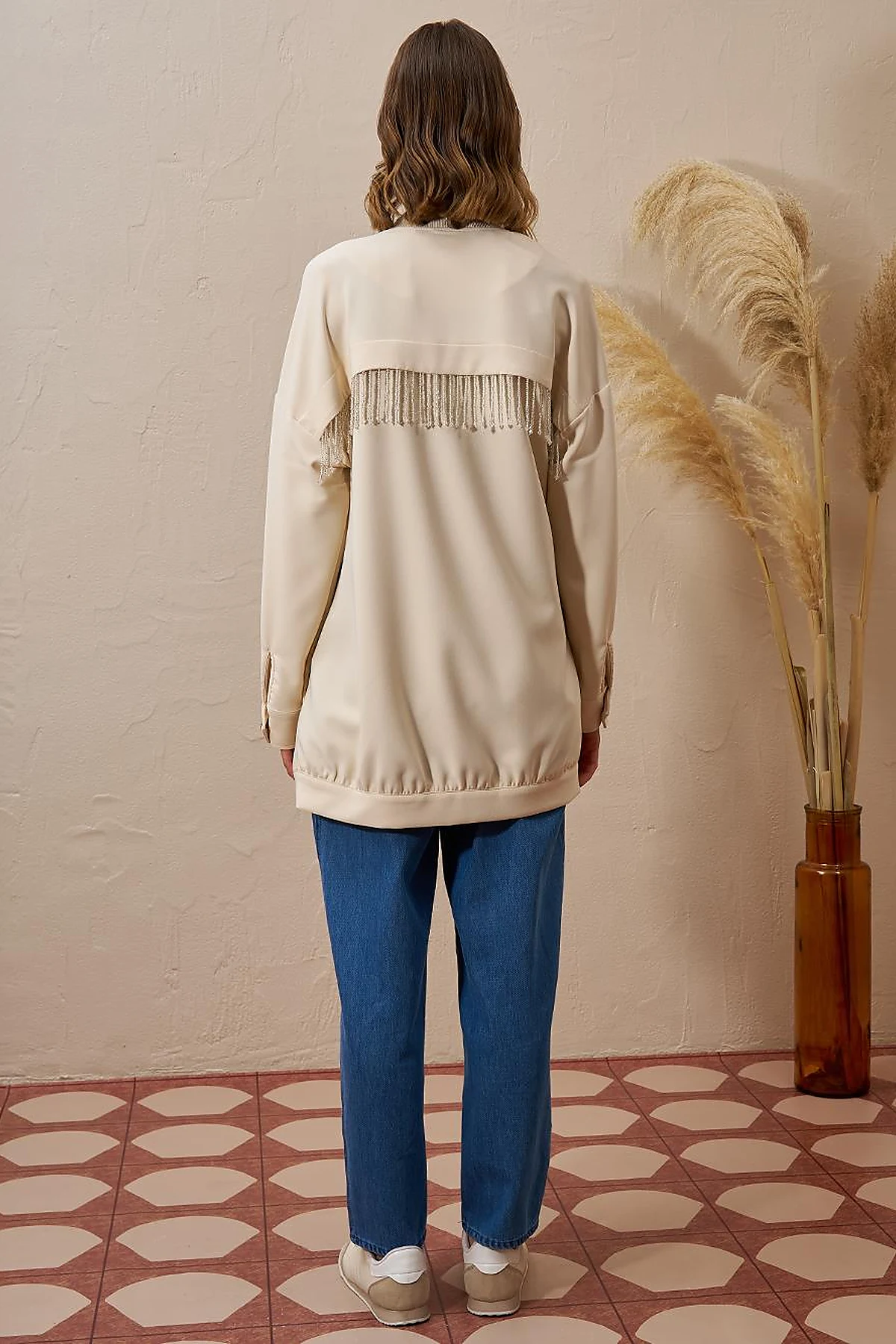 Beaded Detail College Collar Jacket Cream