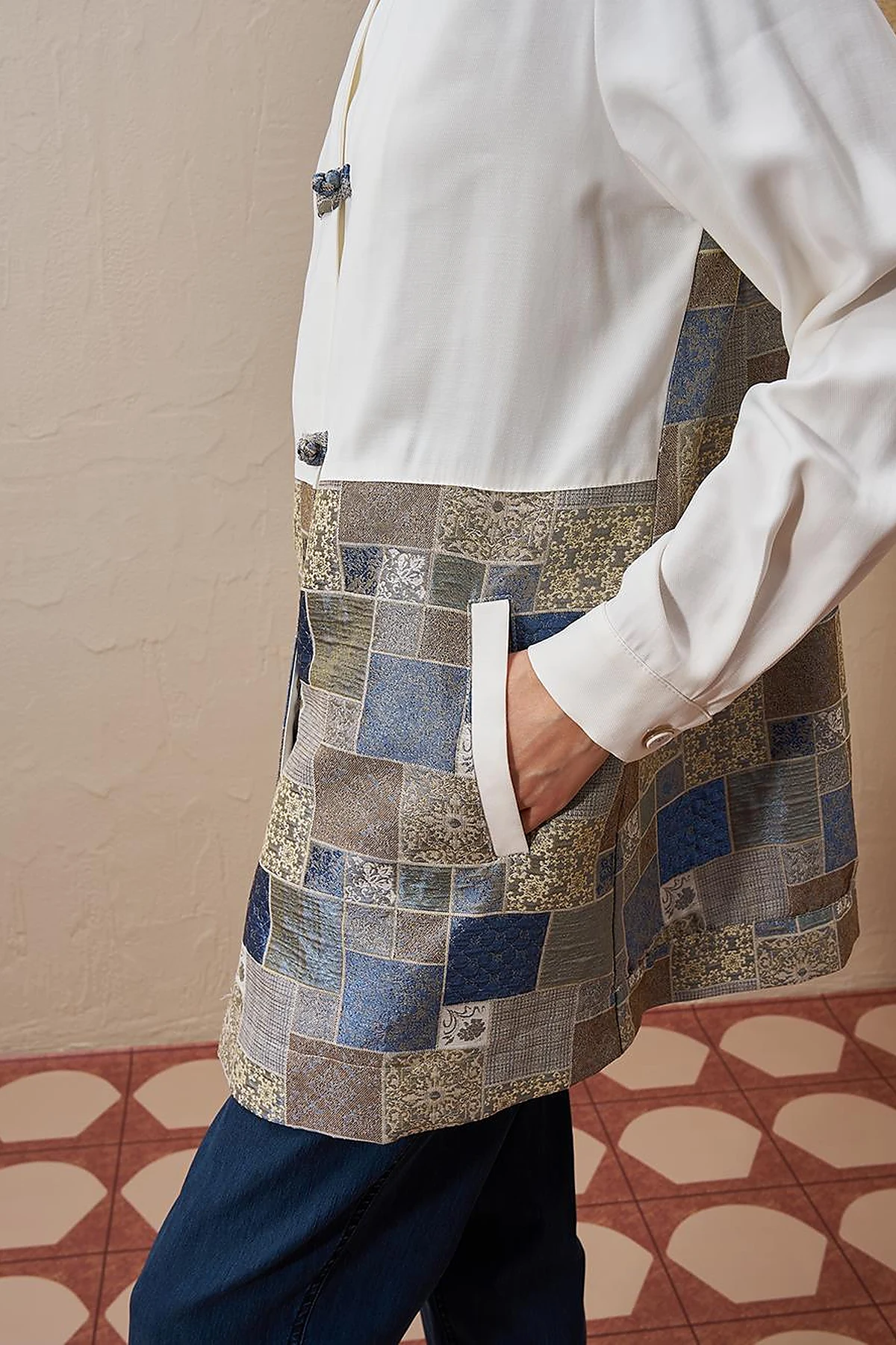 Checkered Pattern Detailed Jacket in Indigo