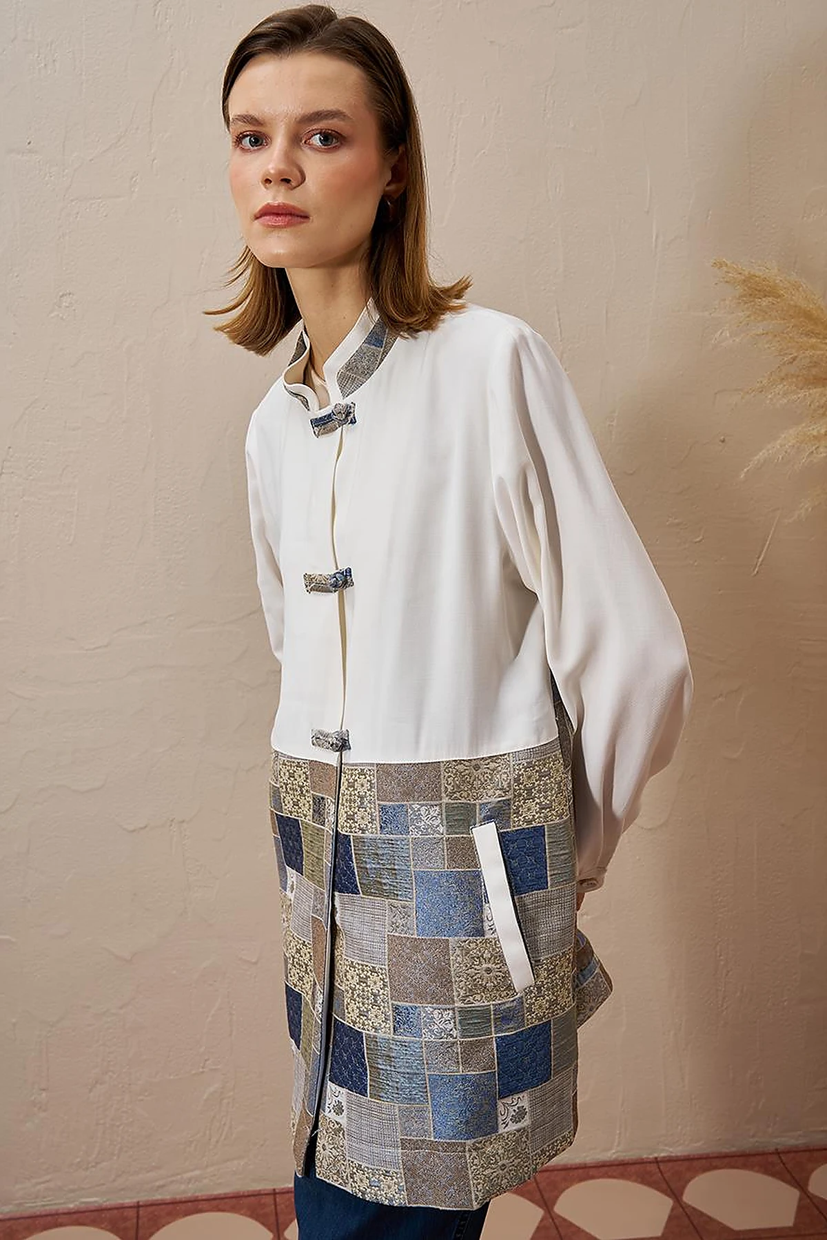 Checkered Pattern Detailed Jacket in Indigo