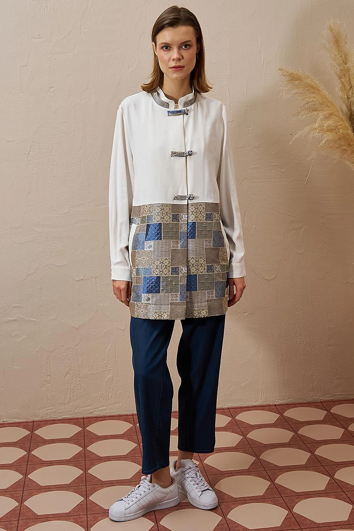 Checkered Pattern Detailed Jacket in Indigo