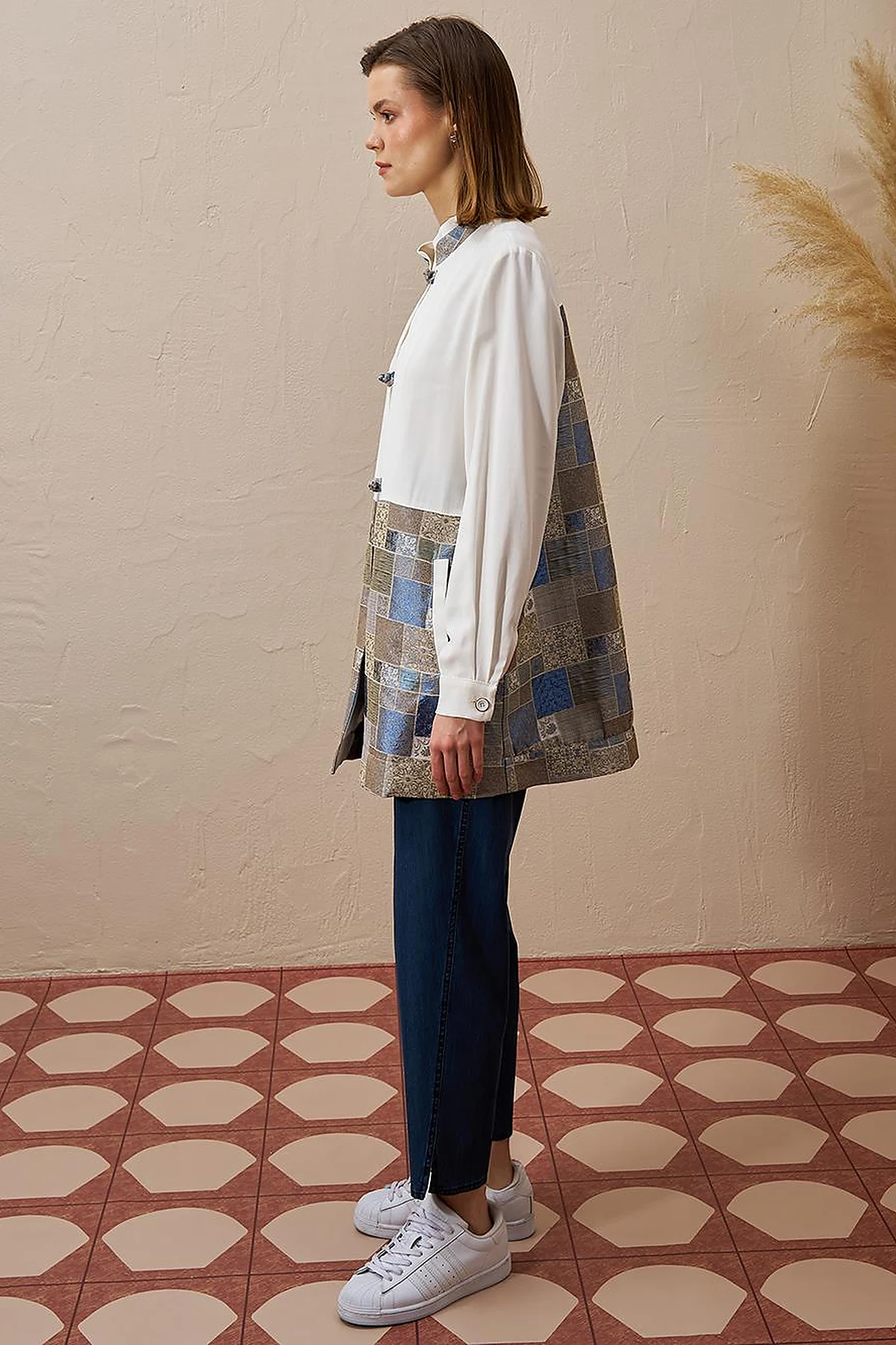 Checkered Pattern Detailed Jacket in Indigo