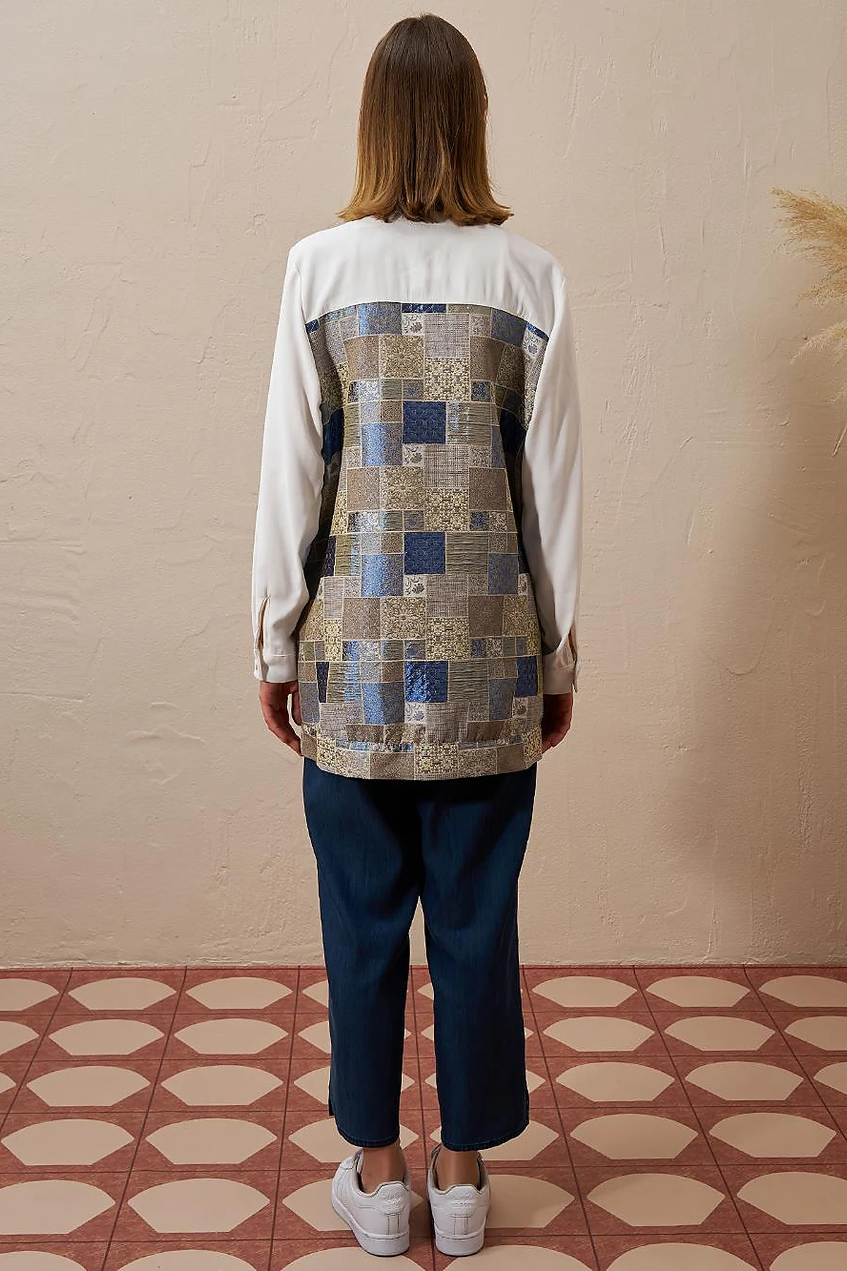 Checkered Pattern Detailed Jacket in Indigo