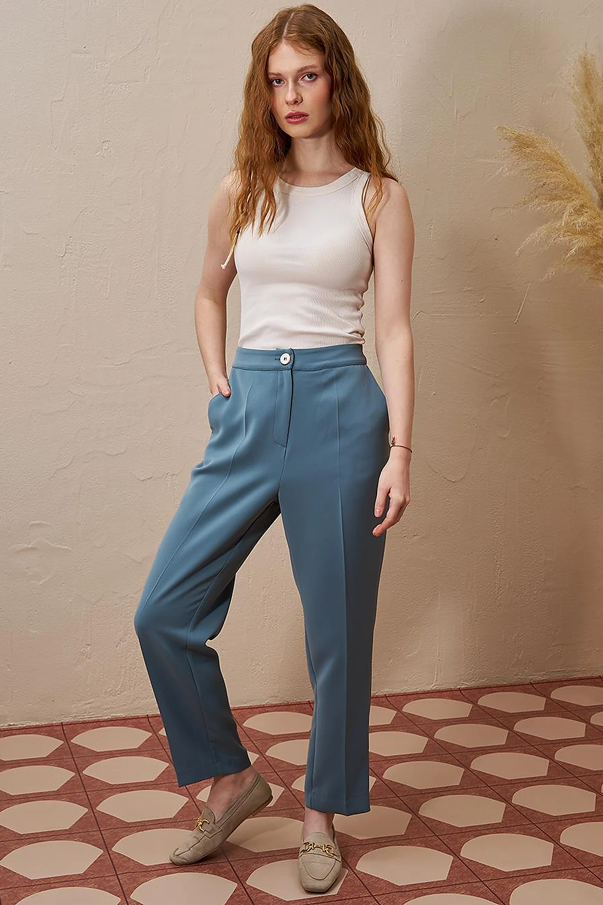 Creased Pipe Leg Trousers Misty Blue