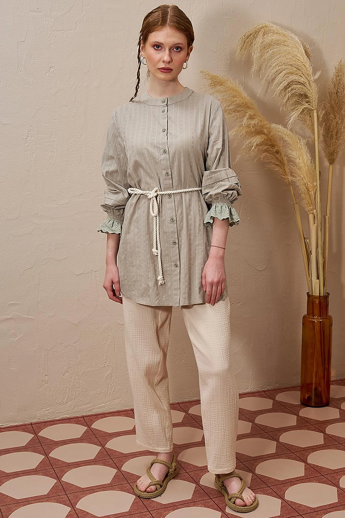 100% Cotton Tunic with Lace-Trimmed Cuffs Moss Green