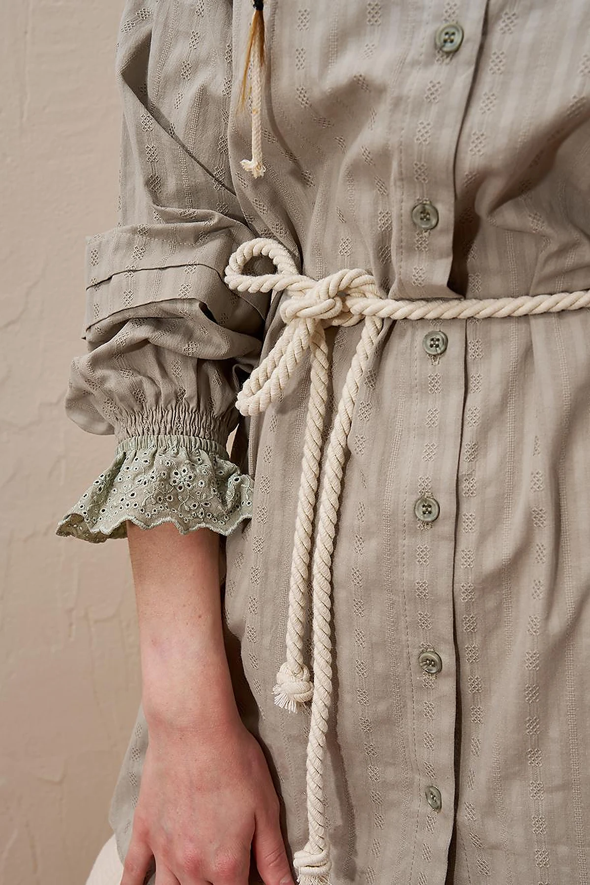 100% Cotton Tunic with Lace-Trimmed Cuffs Moss Green