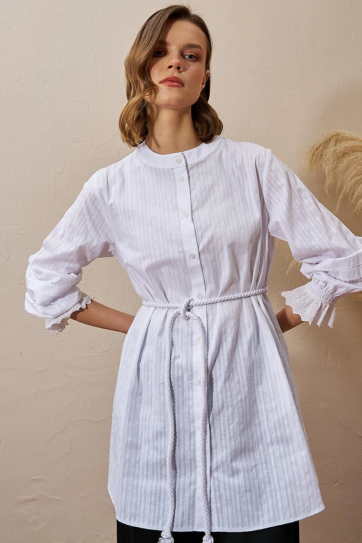 100% Cotton Tunic with Lace-Trimmed Cuffs Optical White