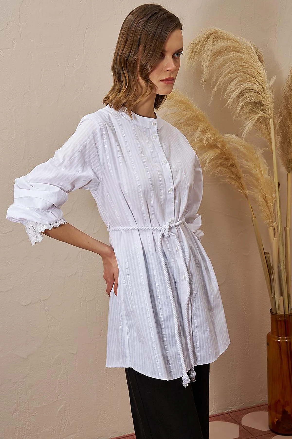 100% Cotton Tunic with Lace-Trimmed Cuffs Optical White